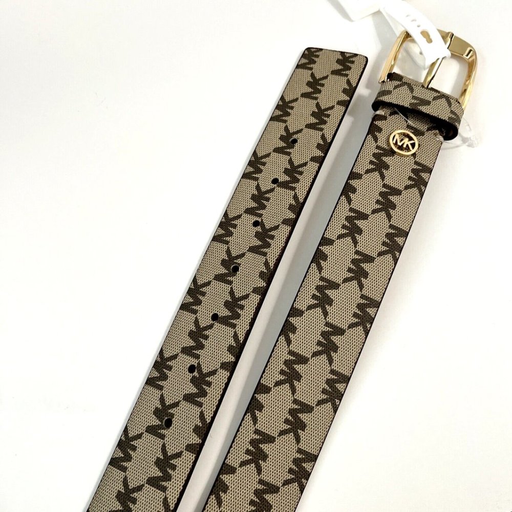 NWT Original MICHAEL KORS Signature Brown Beige Gold Belt 556196C Logo Brand - Picture 4 of 8